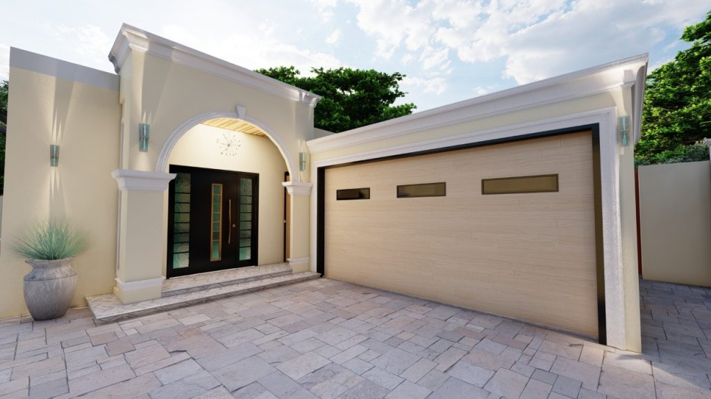 3d rendering of the front yard and garage