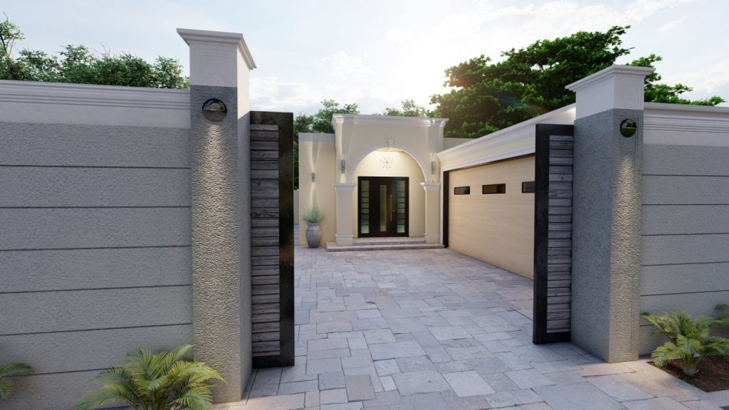 3d rendering of residential front gate and front door