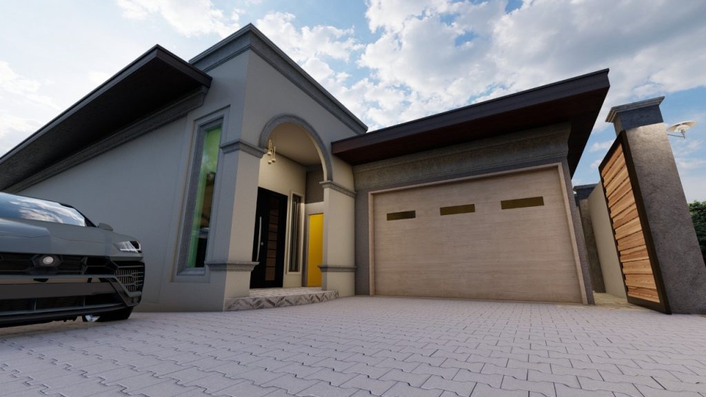 3d rendering of the front yard and garage door