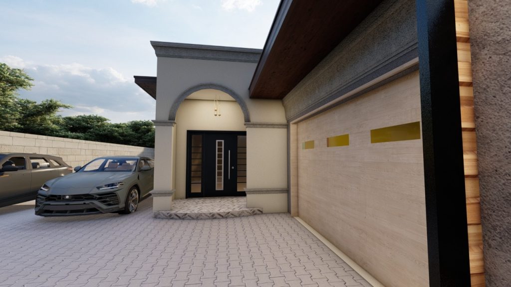 3d rendering of the front yard and garage