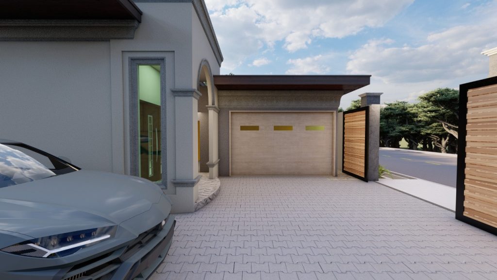 3d rendering of the front yard and garage